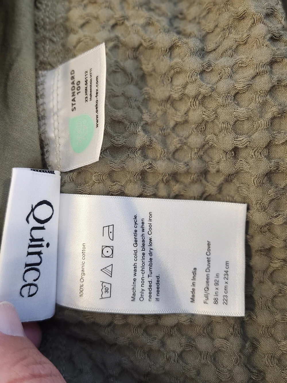 Quince Organic Luxe Honeycomb Duvet Set Olive Full Queen EUC